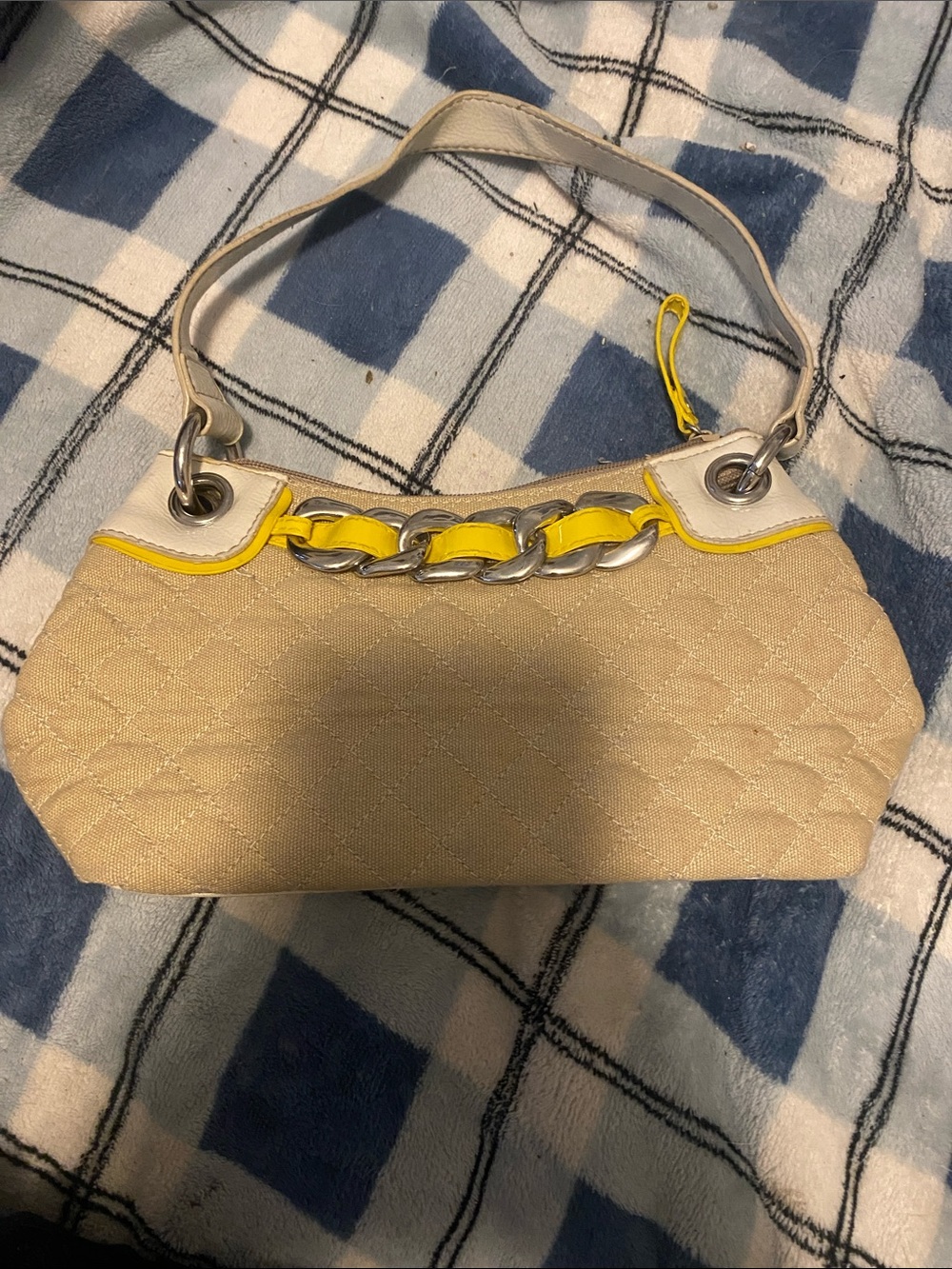attention Quilted Beige Shoulder Bag with Yellow Trim and Silver Chain Detail